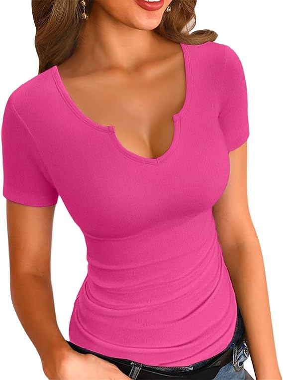 iShare Womens Tops V Neck Summer Short Sleeve Casual Slim Fitted Tshirt