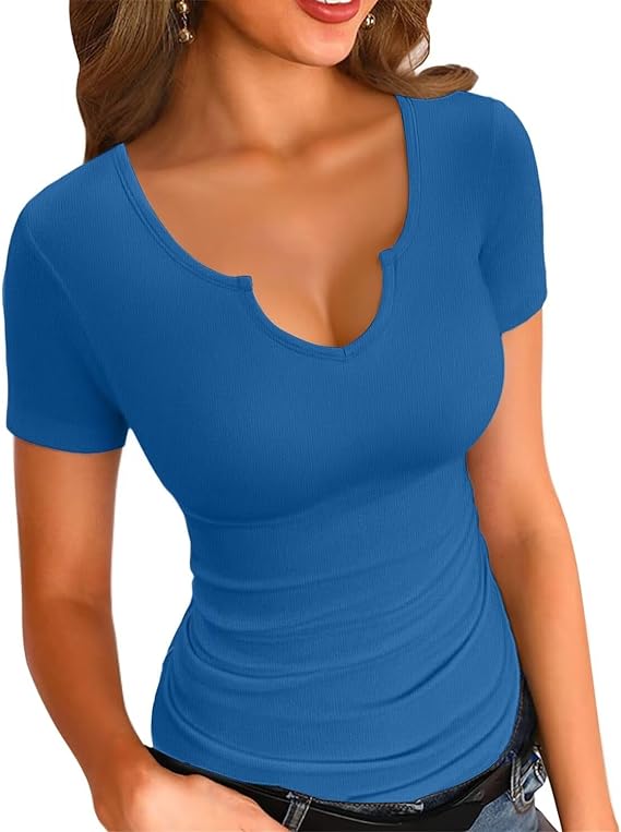 iShare Womens Tops V Neck Summer Short Sleeve Casual Slim Fitted Tshirt